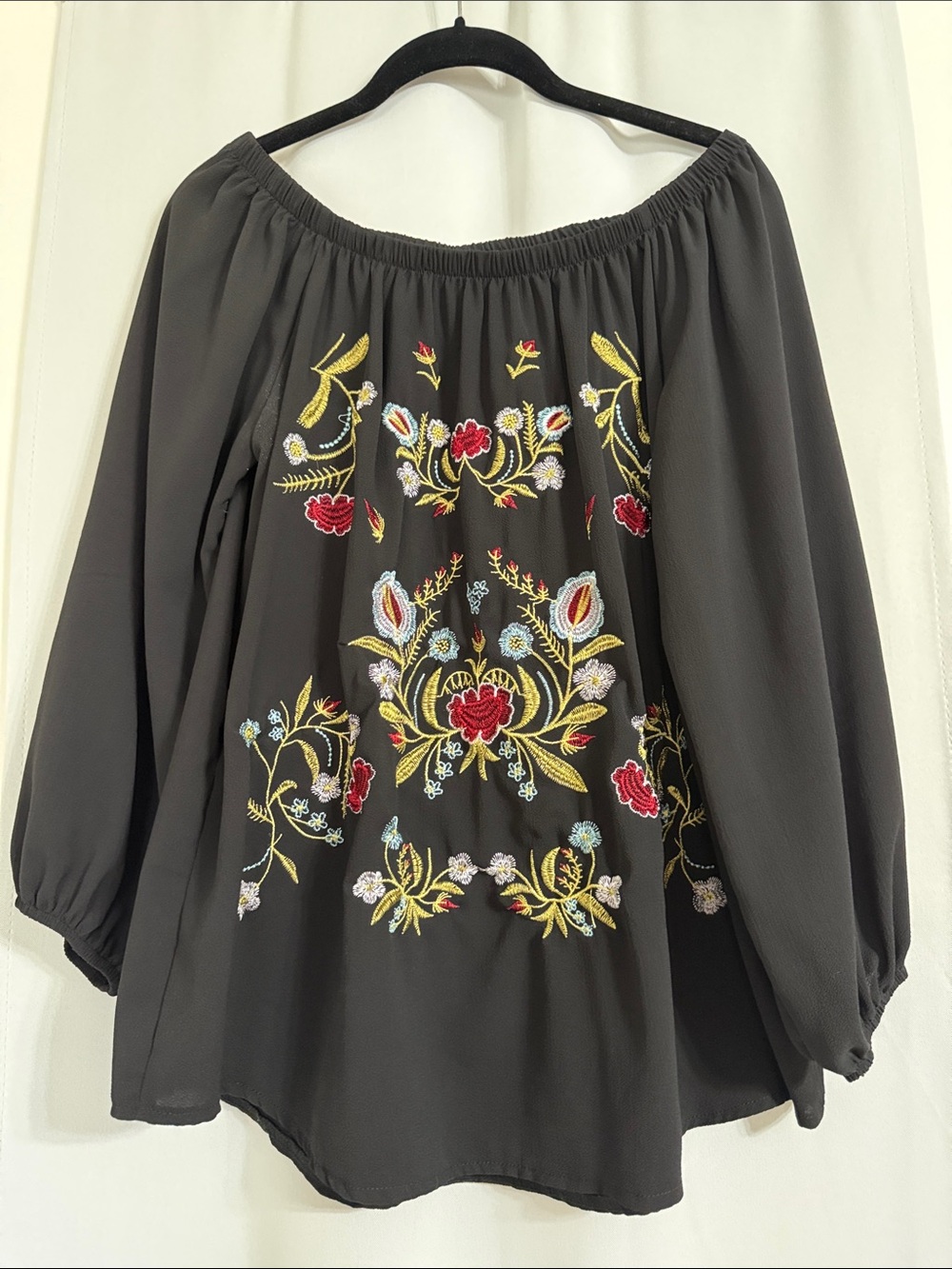 Embroidered Off-Shoulder Black Peasant Top